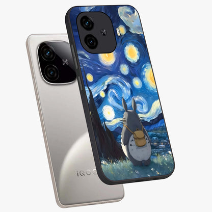 Totoro In Van Gogh Art Glass Case displayed in angled mockup highlighting artistic swirling sky design with playful animation aesthetic.