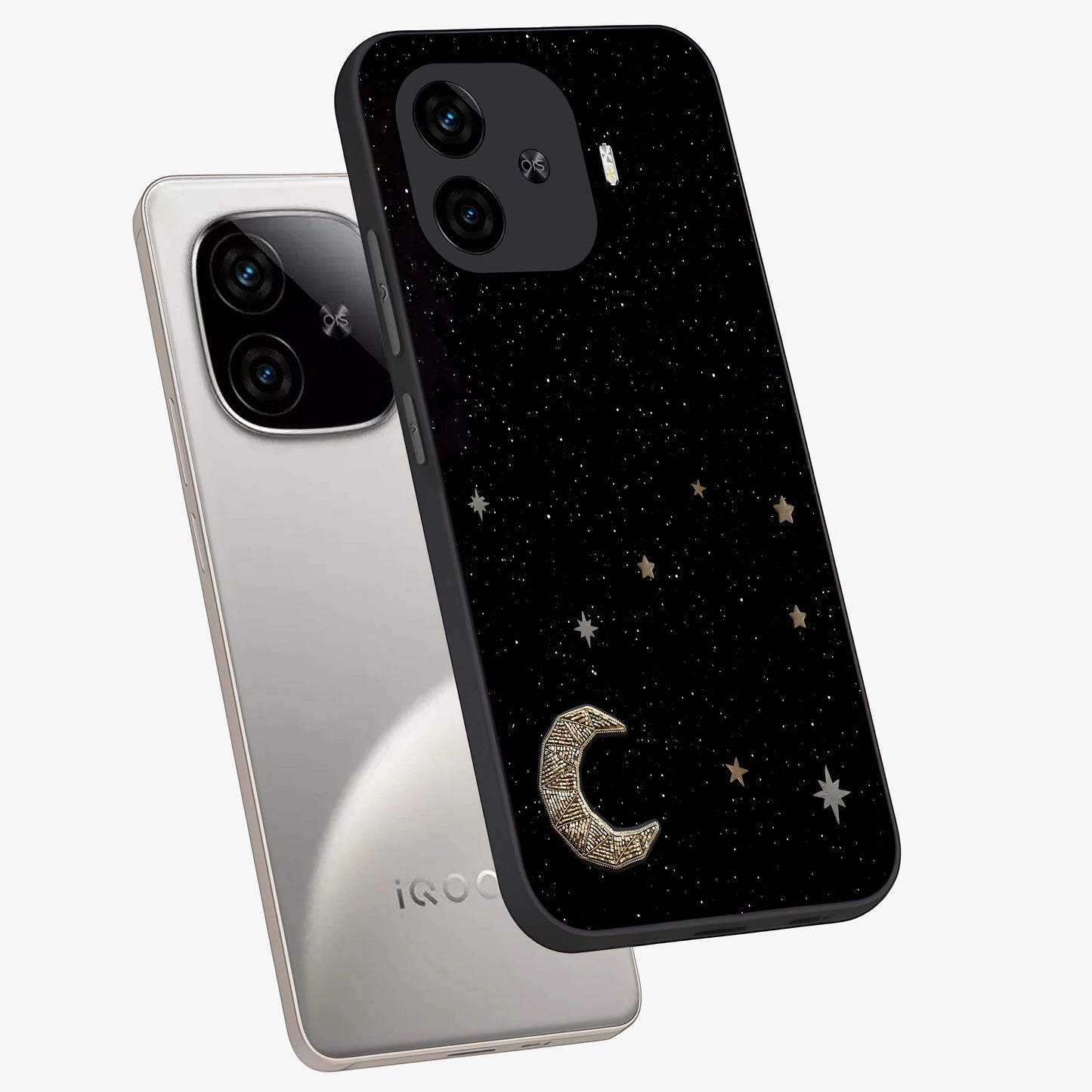 Twinkle Star With Half Moon Glass Case displayed in angled mockup highlighting celestial moon and star design with magical aesthetic.