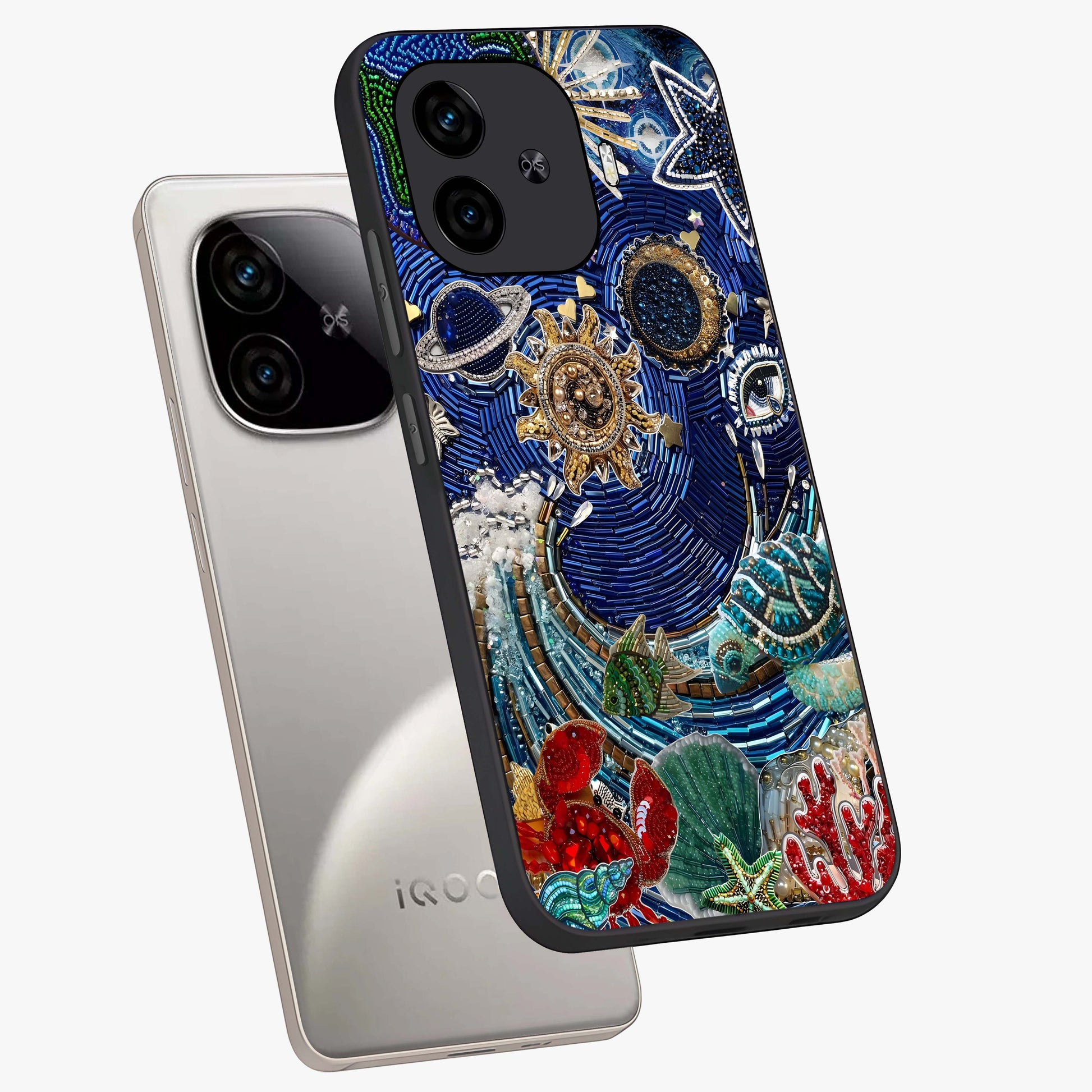 Universe Underwater Spark Glass Case displayed in angled mockup highlighting glowing aquatic design with celestial aesthetic.