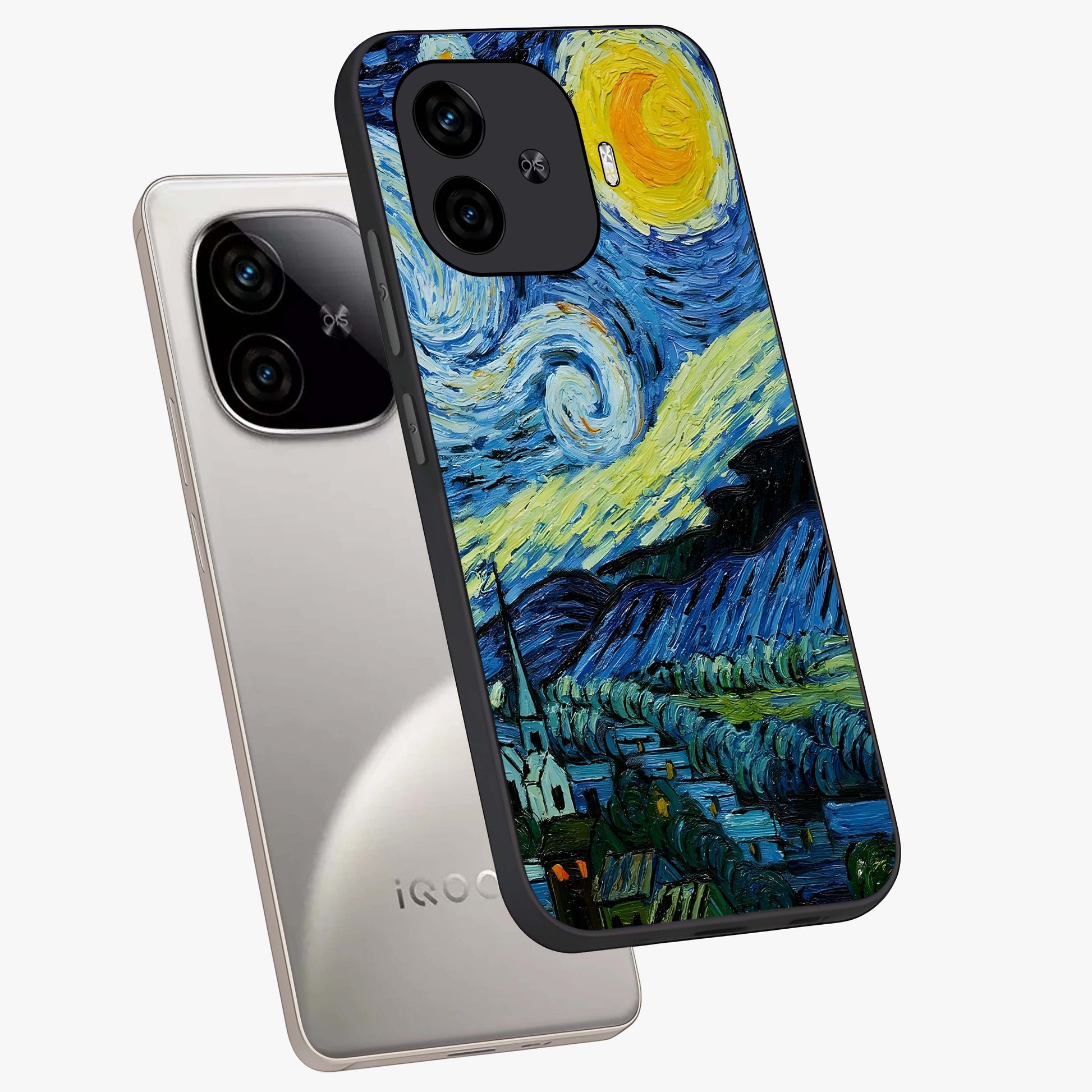 Van Gogh Art Glass Case displayed in angled mockup highlighting swirling brushstroke design with artistic aesthetic.