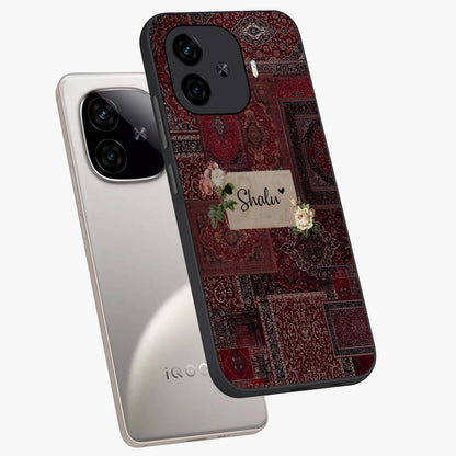 Velvet Wine Pattern Custom Name Glass Case displayed in angled mockup highlighting decorative velvet inspired design with custom name feature.