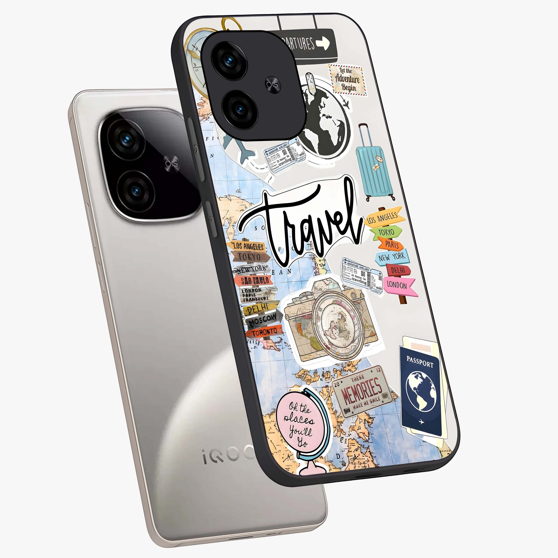 Wanderlust Journal Glass Case displayed in angled mockup highlighting adventure themed design with aesthetic travel vibe.