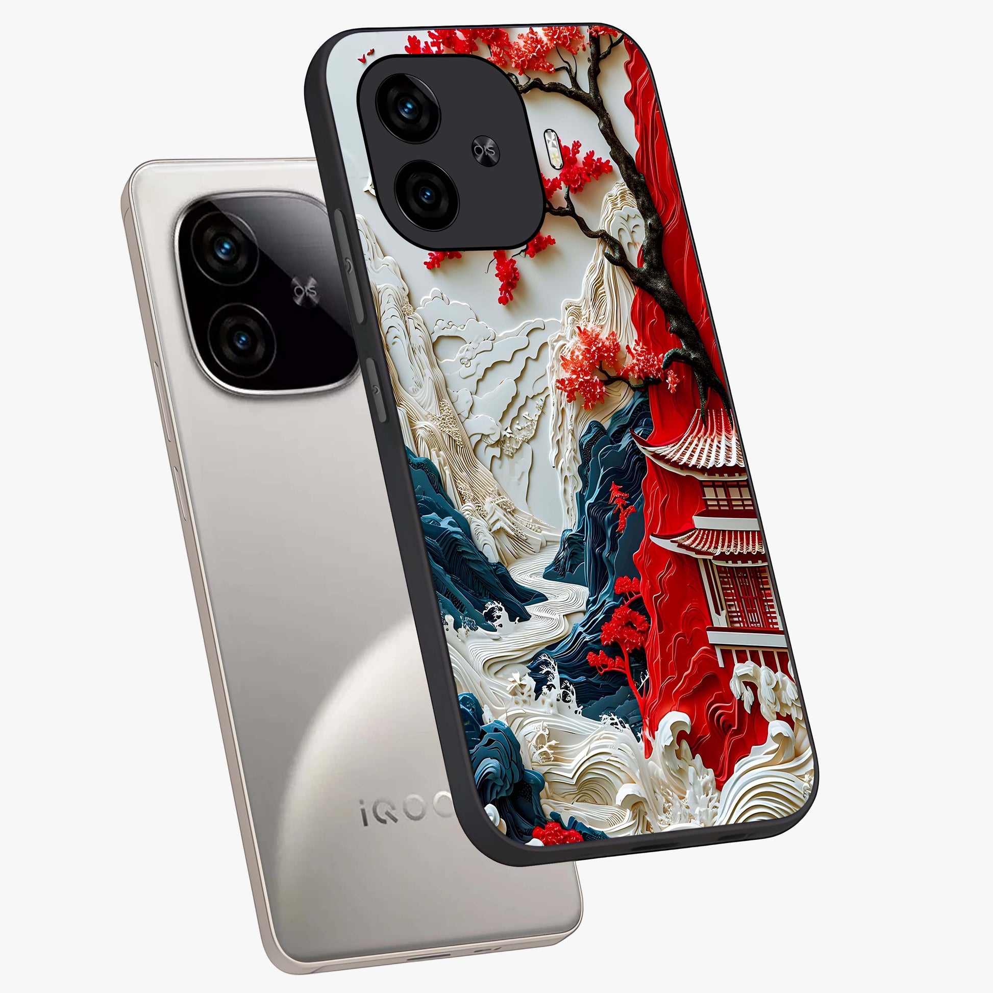Whispers Of Sakura Waves Glass Case displayed in angled mockup highlighting flowing sakura design with soft floral aesthetic.