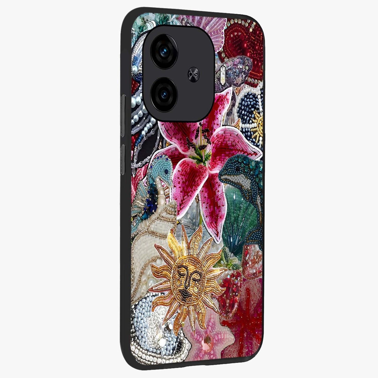 Biege Flower With Leaf Glass Case upright view showcasing delicate beige flower illustration with clean botanical style.