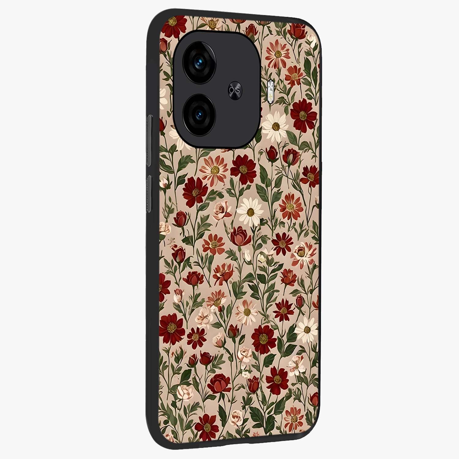 Black Elegance Floral Custom Name Glass Case upright view showcasing luxurious black floral design with personalized name detail.