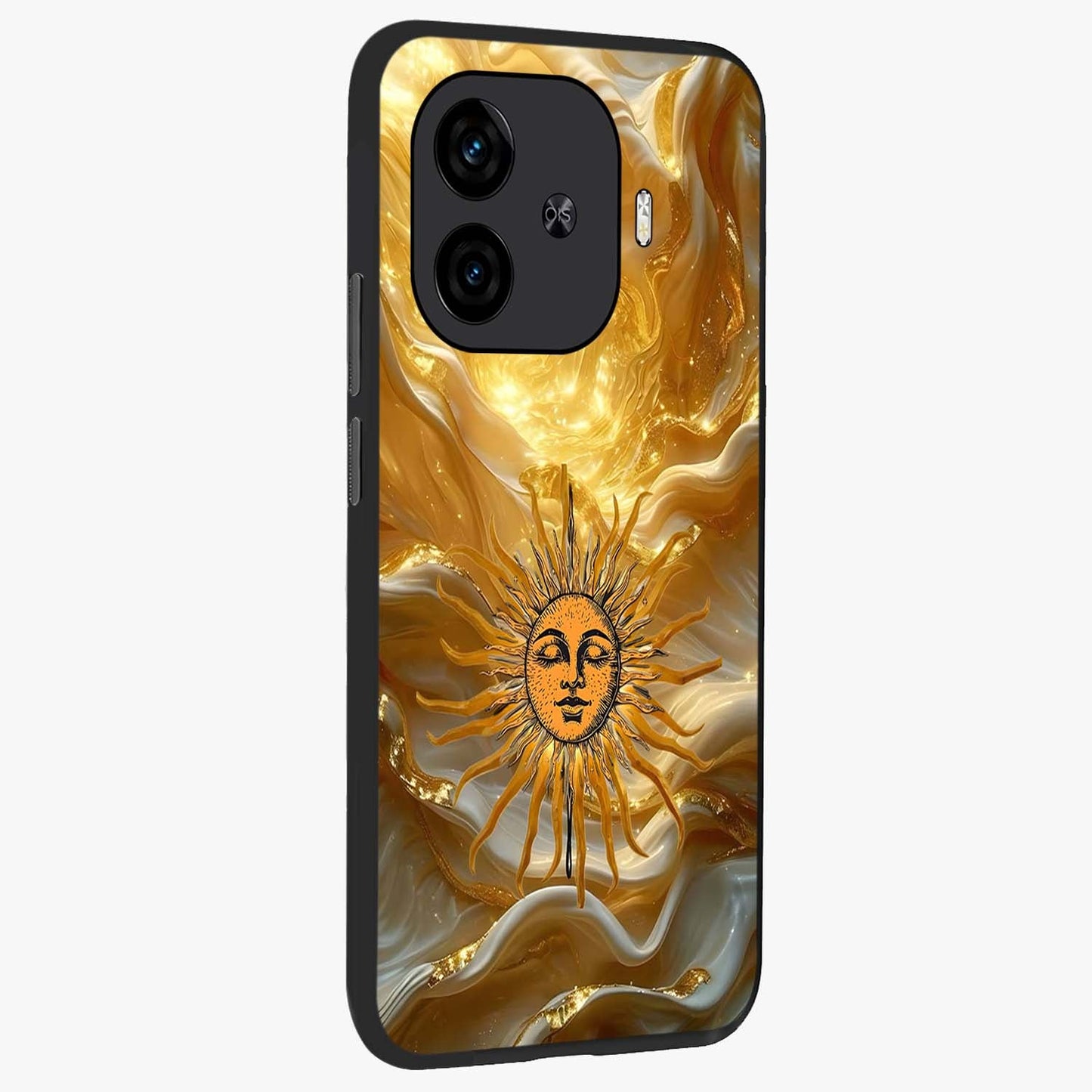 Eternal Golden Glow Glass Case upright view showcasing luminous golden artwork with luxurious visual theme.