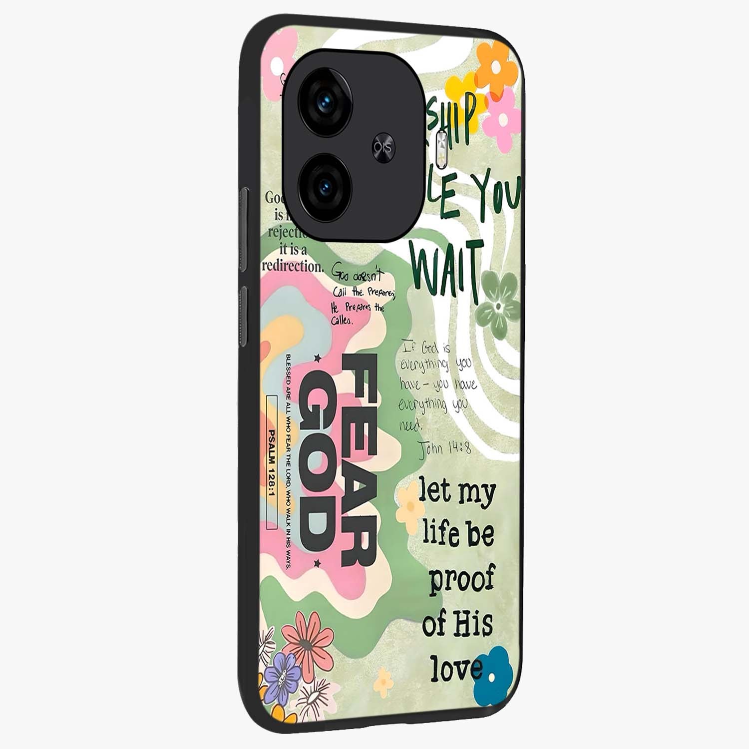 Faith Over Fear Glass Case upright view showcasing bold typography artwork with uplifting motivational theme.