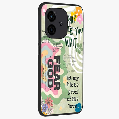 Faith Over Fear Glass Case upright view showcasing bold typography artwork with uplifting motivational theme.
