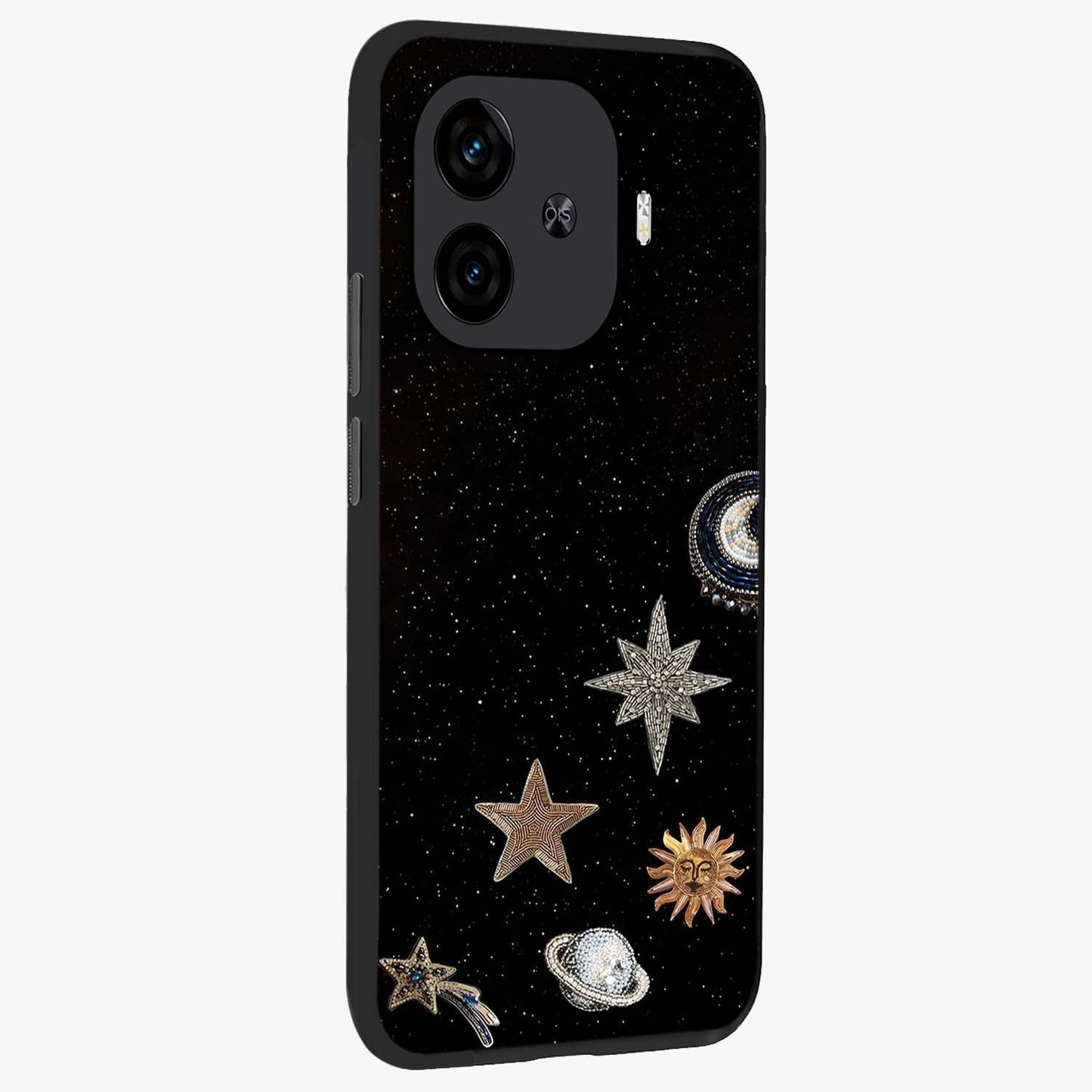 Galactic Charm Glow Glass Case upright view showcasing glowing cosmic charm artwork with magical celestial style.