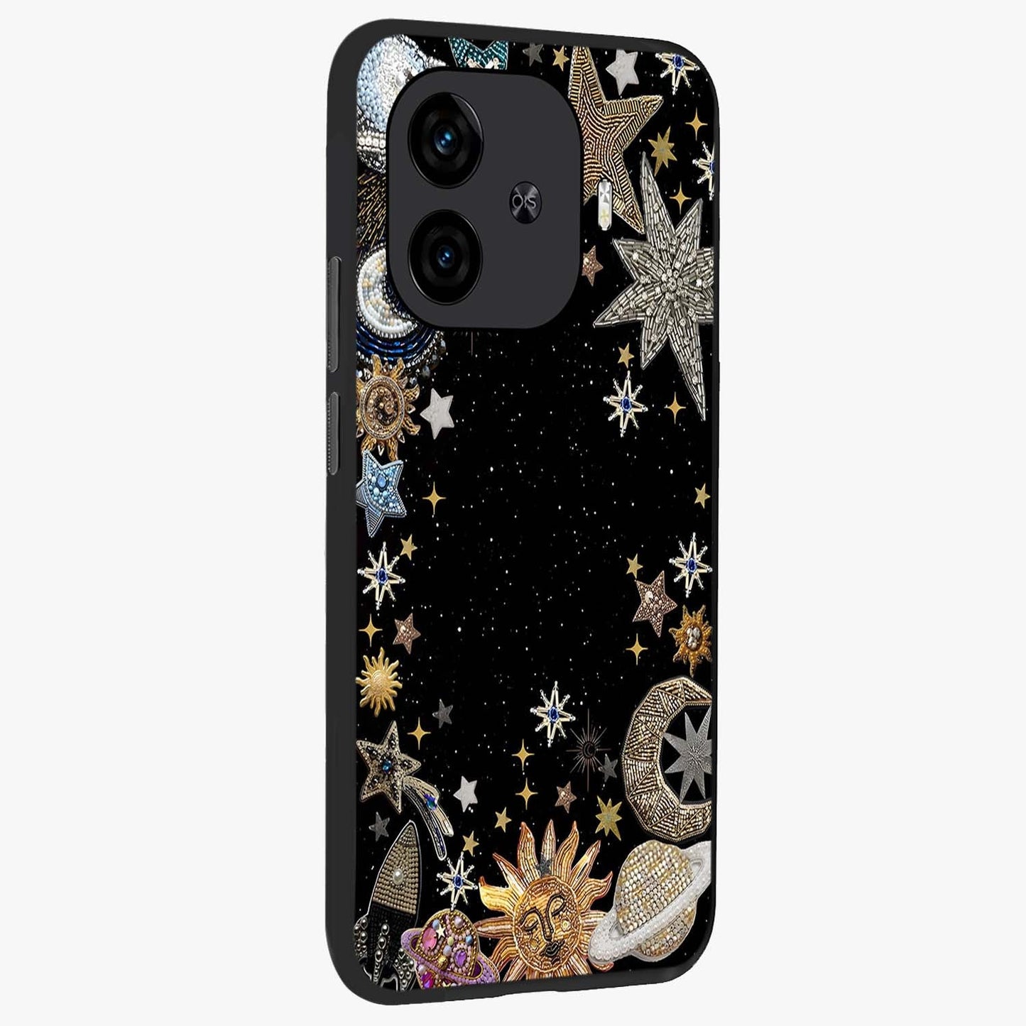 Galactic Jewel Stars Glass Case upright view showcasing glittering star jewel artwork with vibrant galaxy theme.