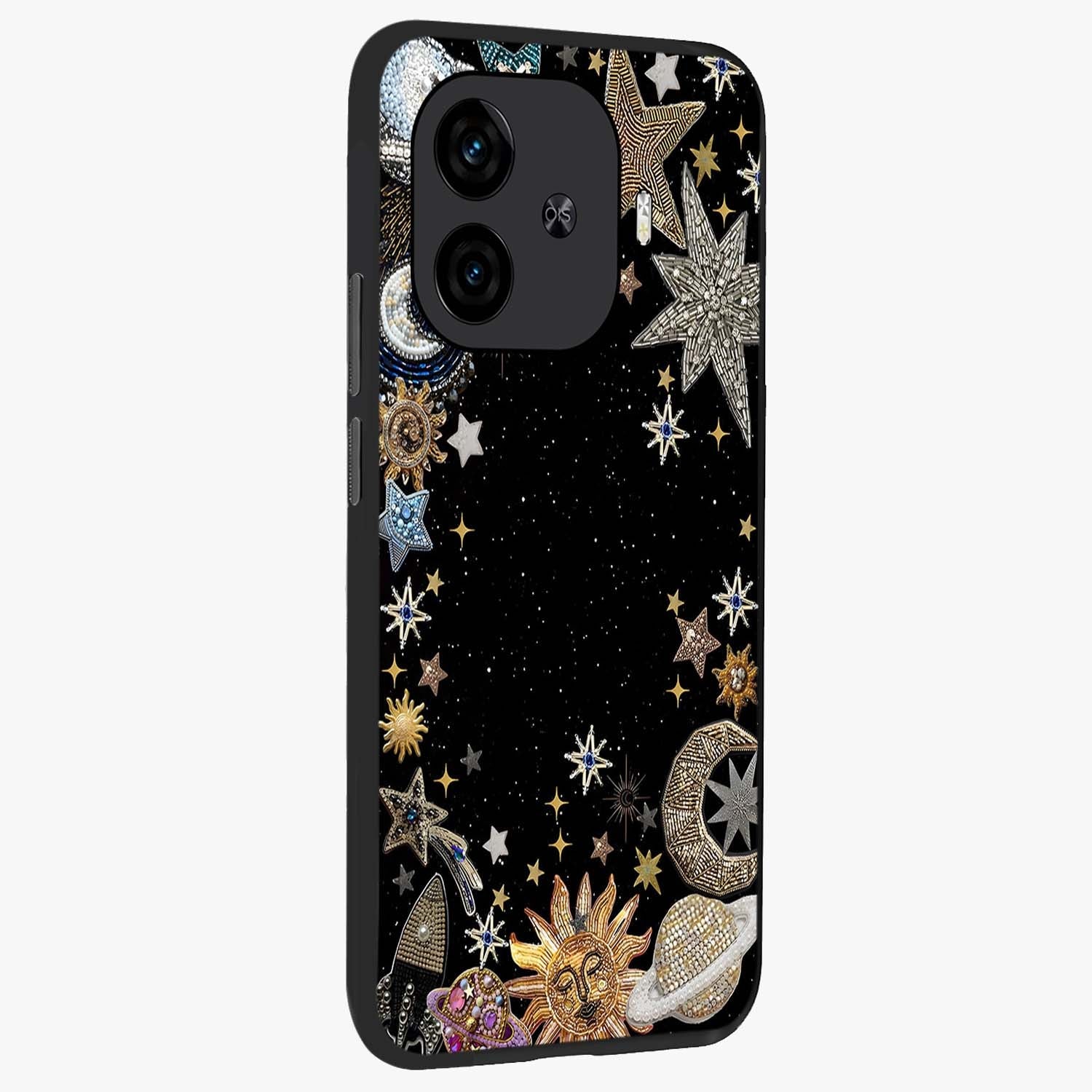 Galactic Jewel Stars Glass Case upright view showcasing glittering star jewel artwork with vibrant galaxy theme.
