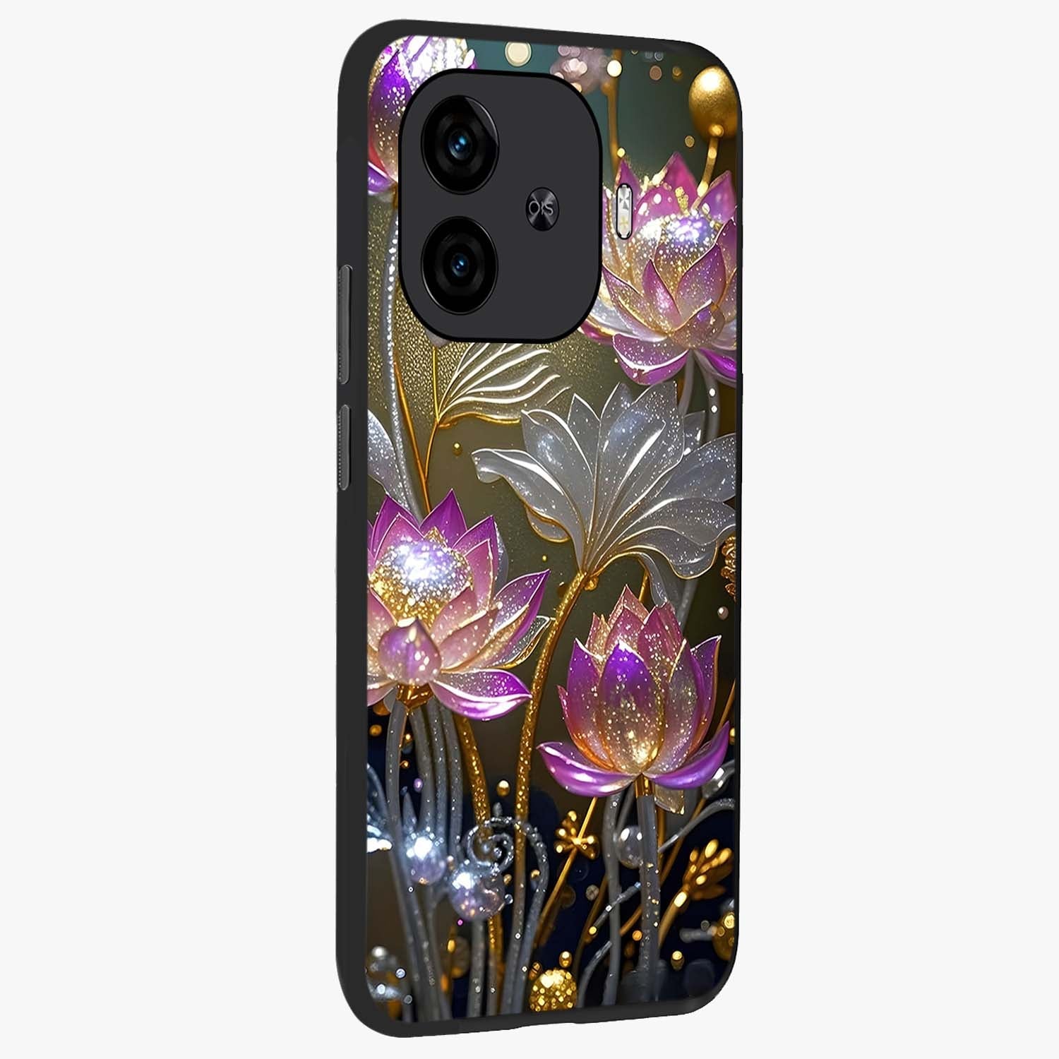 Golden Floral Majesty Glass Case upright view showcasing majestic floral artwork with rich decorative theme.