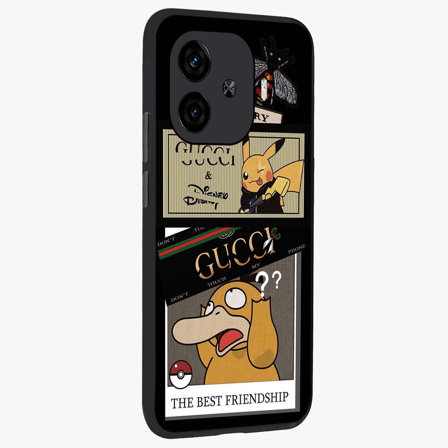 Gucci Play Mashup Glass Case upright view showcasing trendy luxury inspired artwork with modern fashion theme.