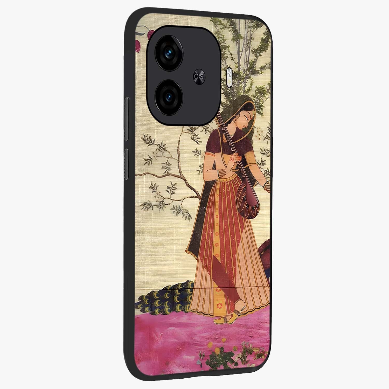 Lady With Veena Art Glass Case upright view showcasing classical veena artwork with traditional artistic theme.