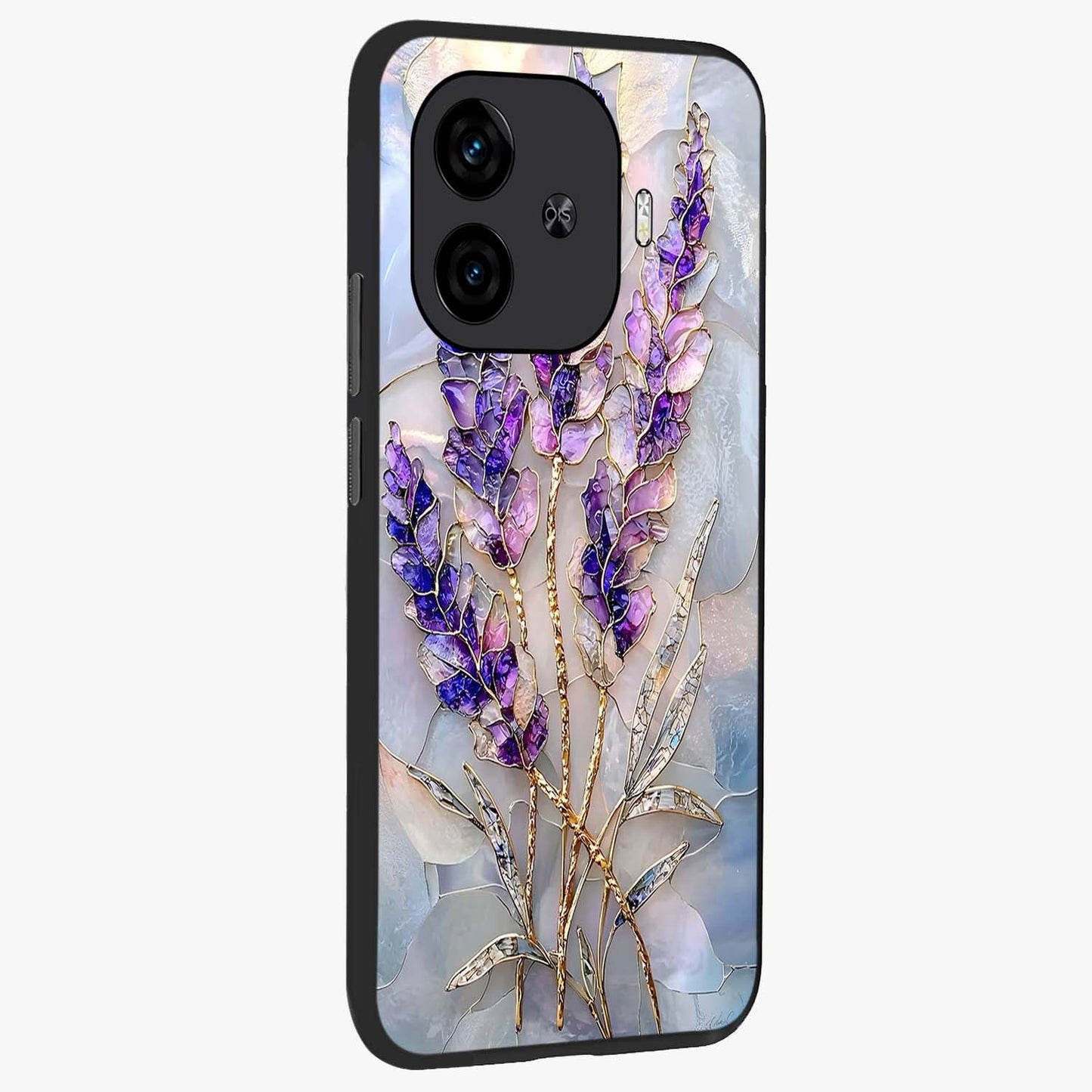 Lavender Dream Glow Glass Case upright view showcasing radiant lavender glow artwork with calming dreamy theme.