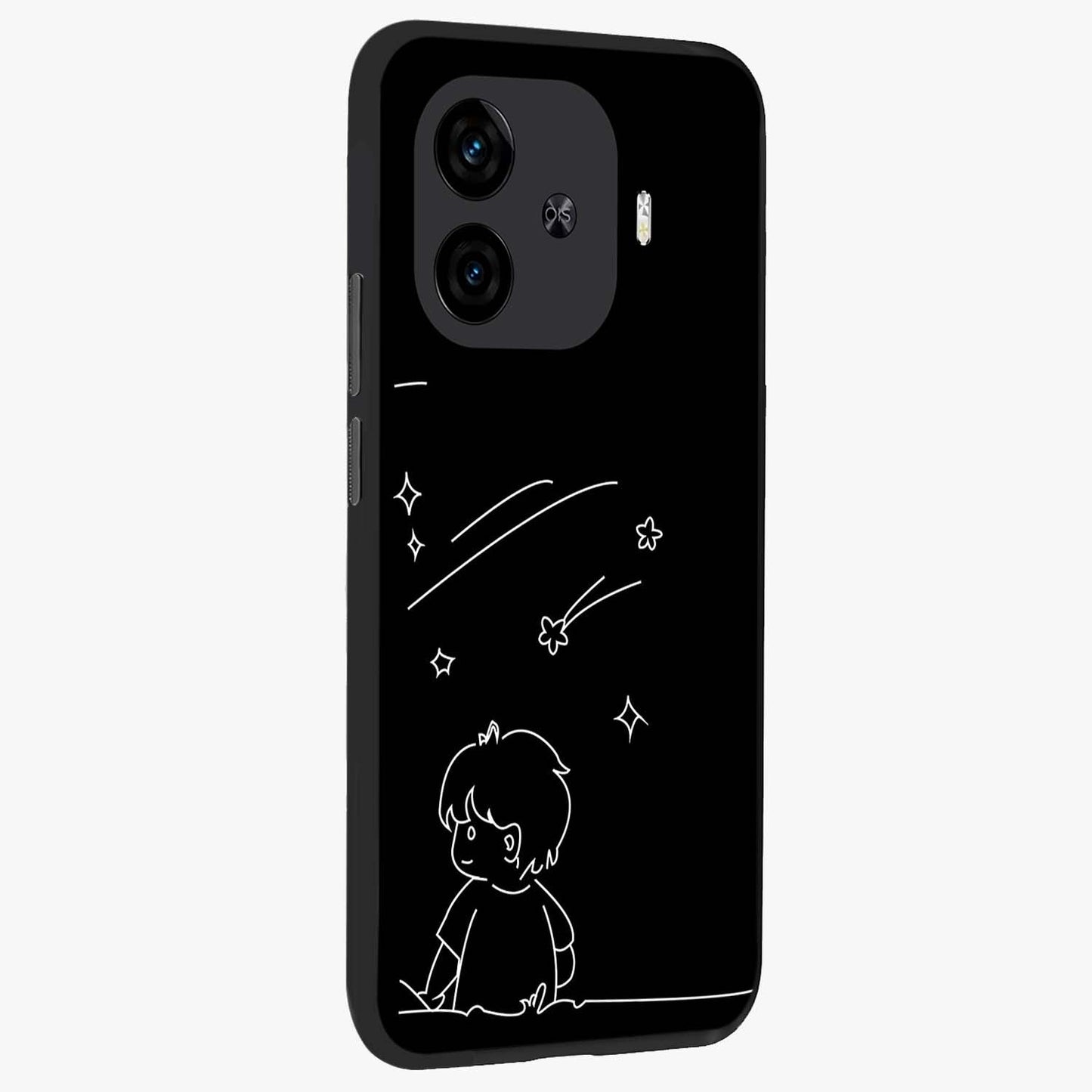 Line Art Boy With Shooting Stars Glass Case upright view showcasing artistic shooting star illustration with minimal style.