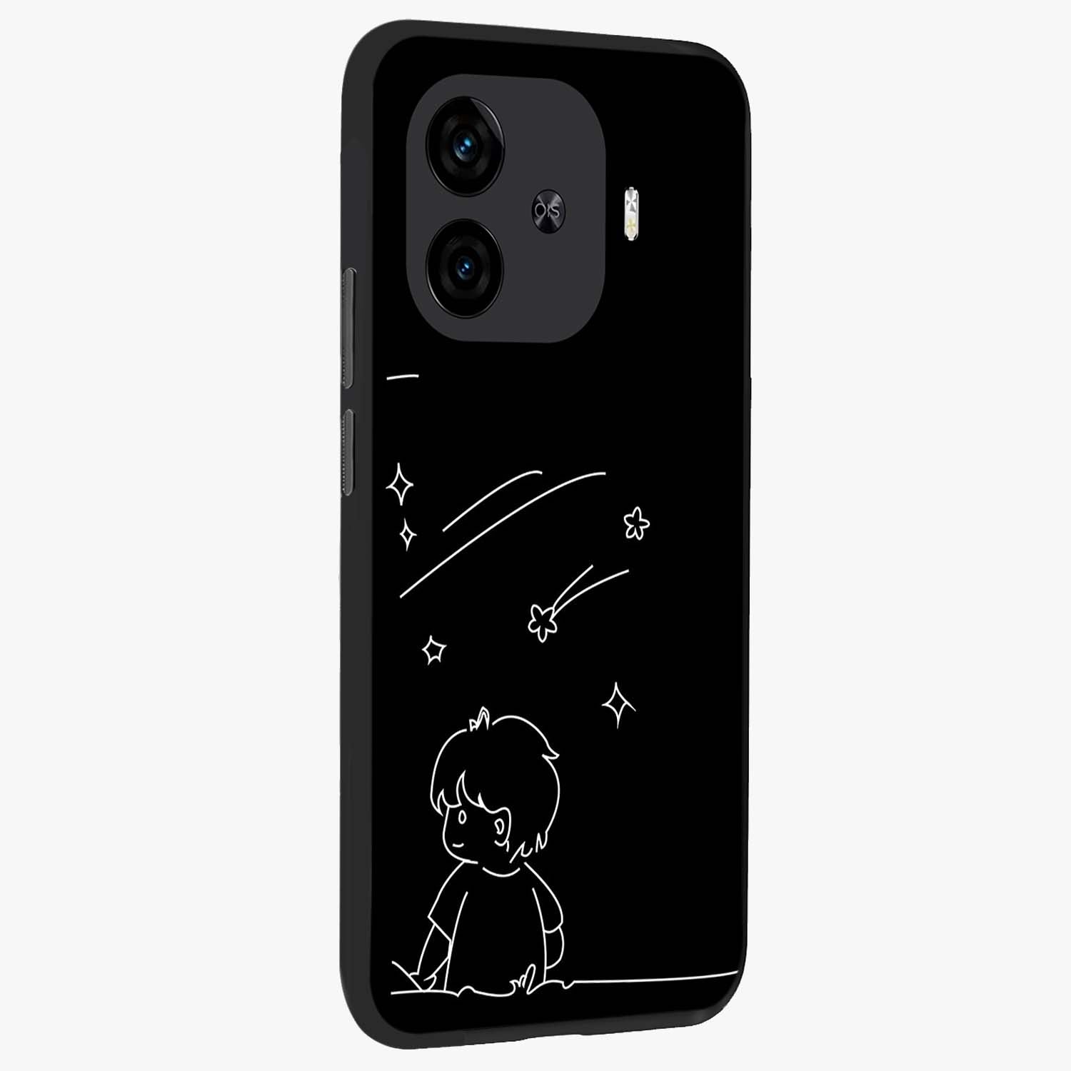 Line Art Boy With Shooting Stars Glass Case upright view showcasing artistic shooting star illustration with minimal style.