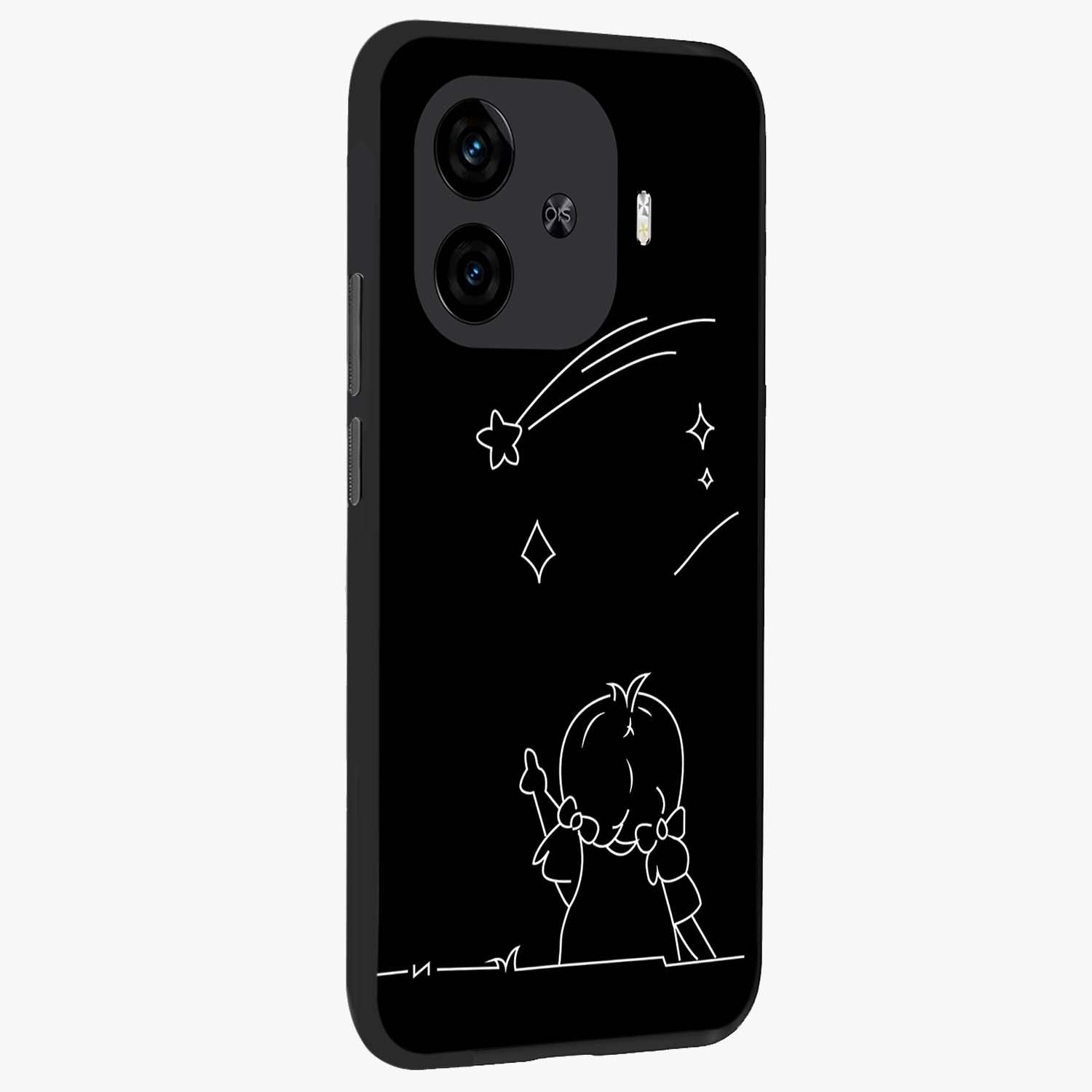 Line Art Girl With Shooting Stars Glass Case upright view showcasing delicate shooting stars artwork with minimal artistic theme.