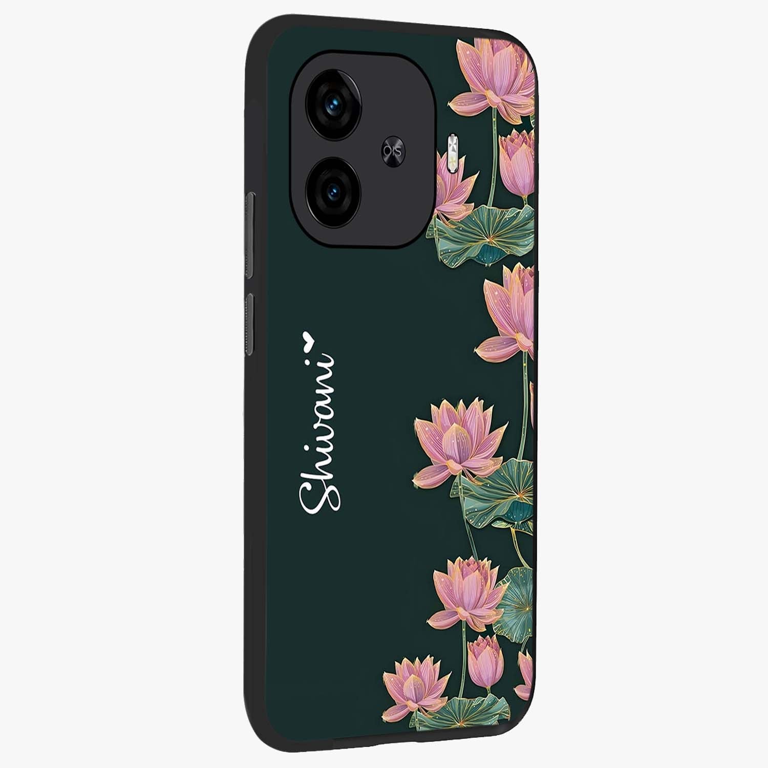 Lotus Bloom Serenity Custom Name Glass Case upright view showcasing serene lotus bloom artwork with personalized floral aesthetic.