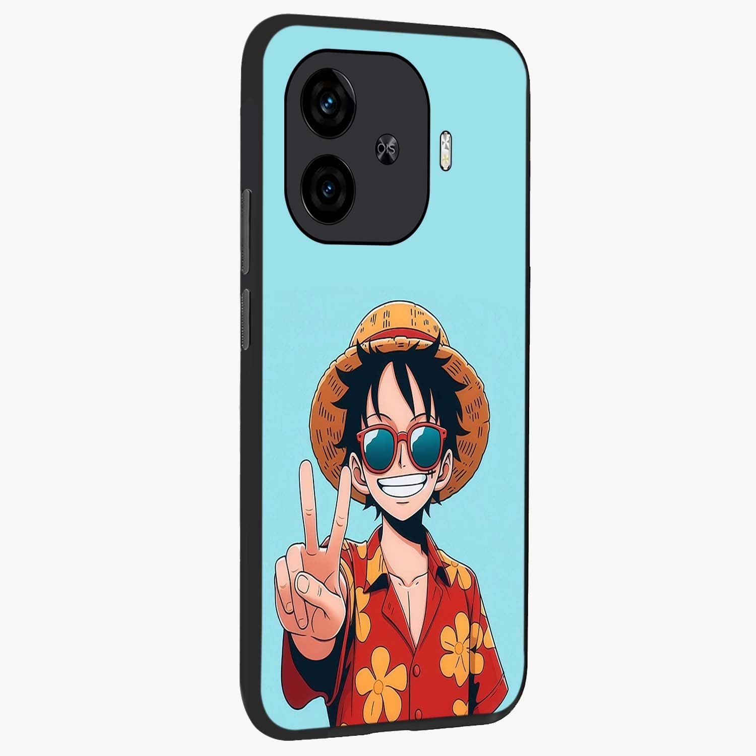 Luffy Summer Anime Vibe Glass Case upright view showcasing dynamic anime artwork with bright adventurous theme.