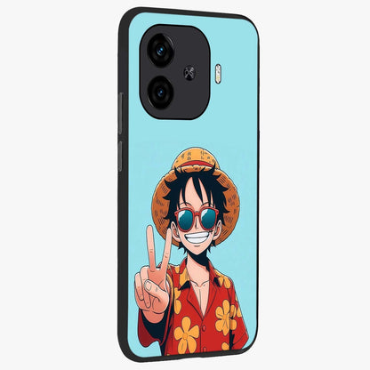 Luffy Summer Anime Vibe Glass Case upright view showcasing dynamic anime artwork with bright adventurous theme.