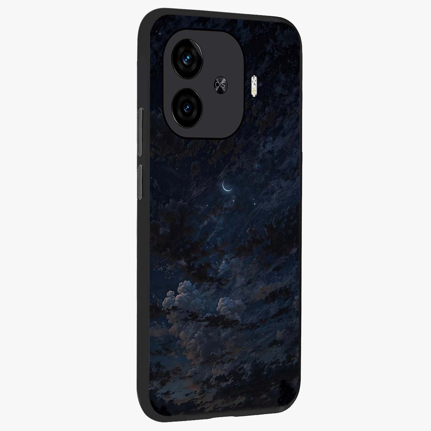 Lunar Veil Silence Glass Case upright view showcasing calm moon themed artwork with serene night atmosphere.