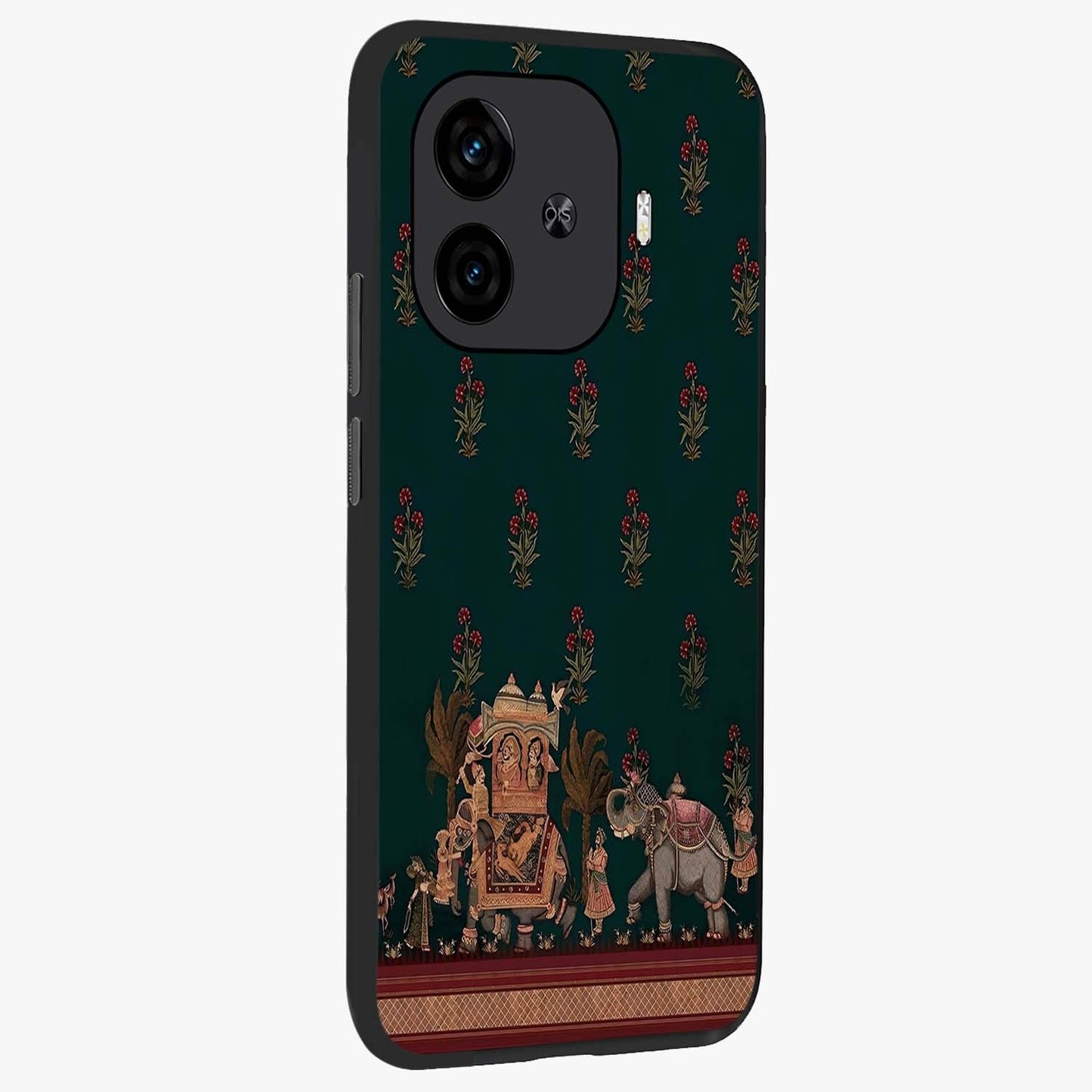 Macmerise Glass Case upright view showcasing bold artistic artwork with contemporary design theme.
