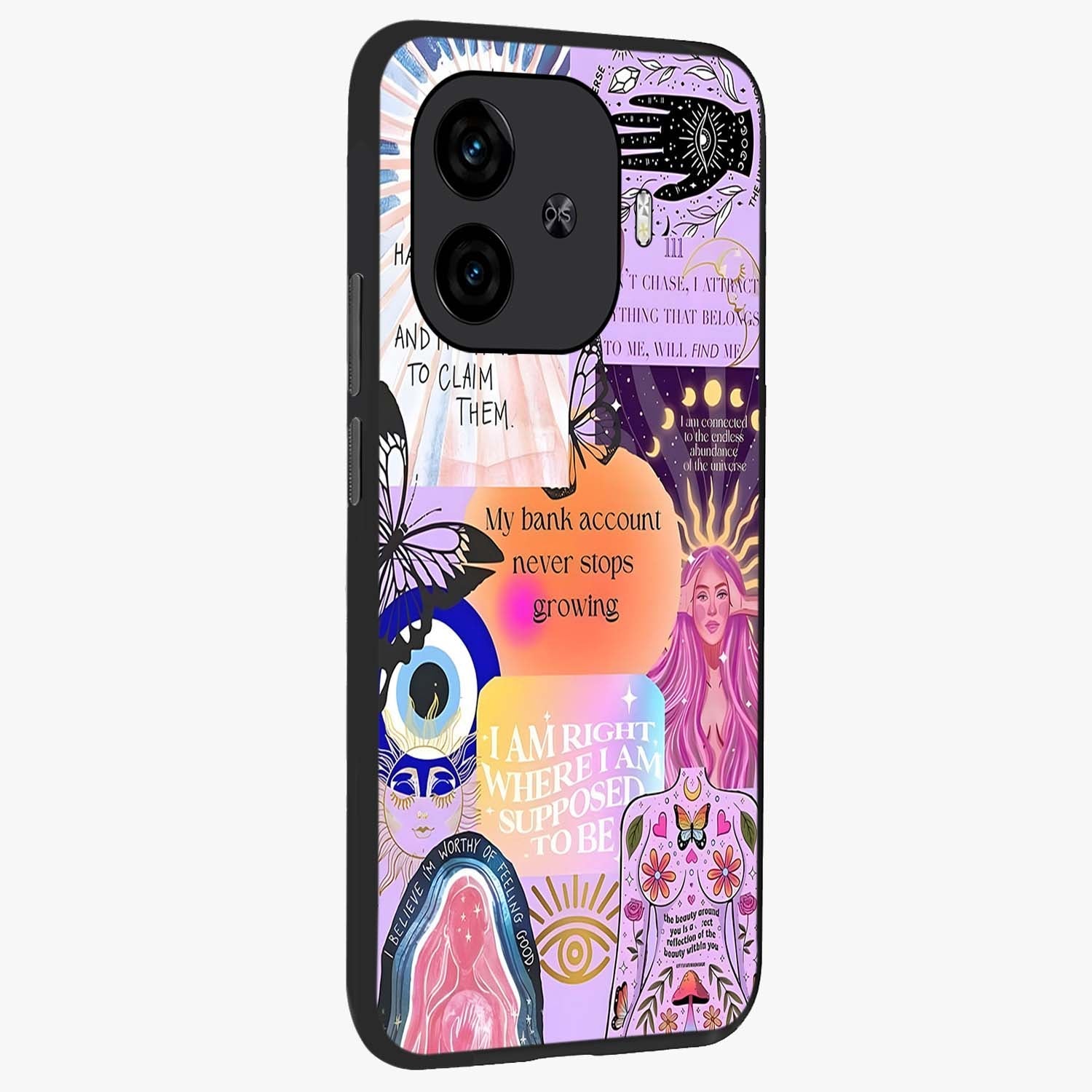 Manifestation Collage Glass Case upright view showcasing artistic manifestation themed artwork with creative style.