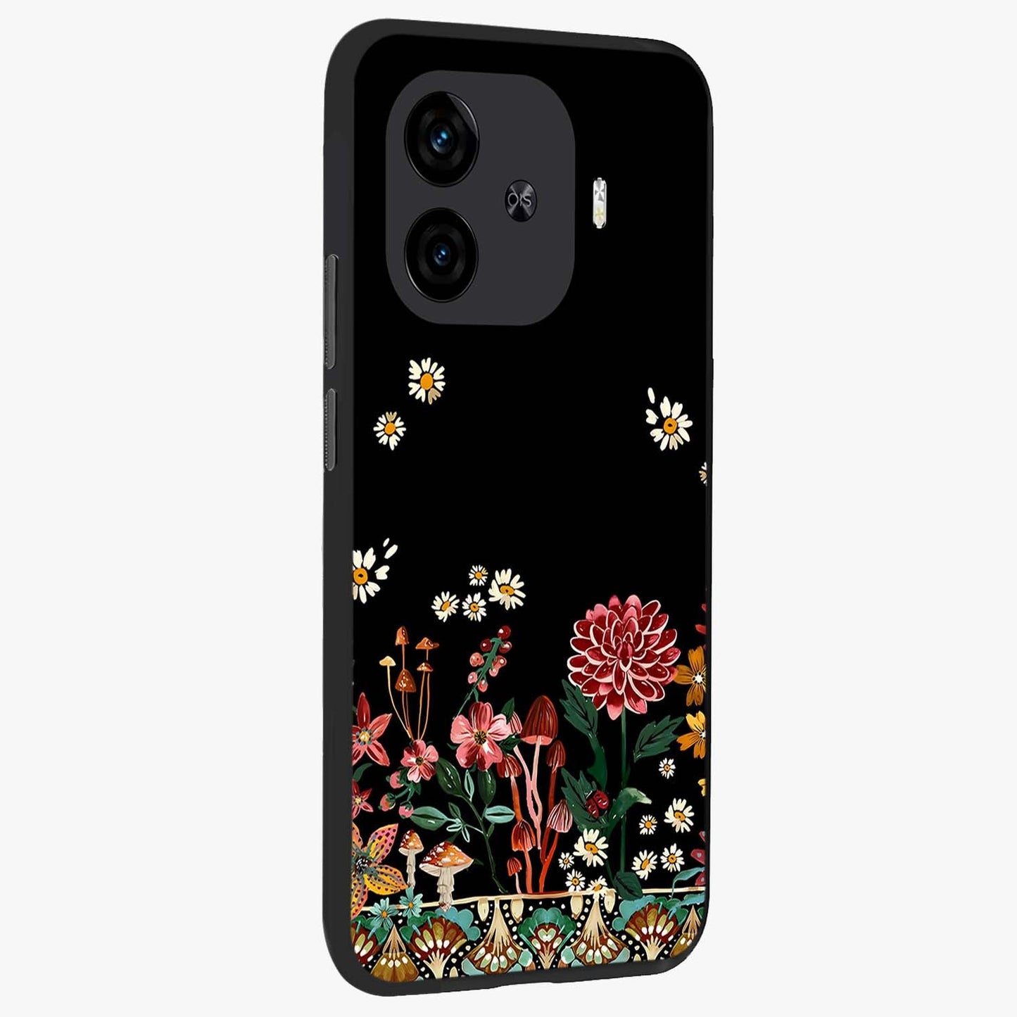 Midnight Bloom Pattern Glass Case upright view showcasing decorative floral artwork with deep night themed palette.