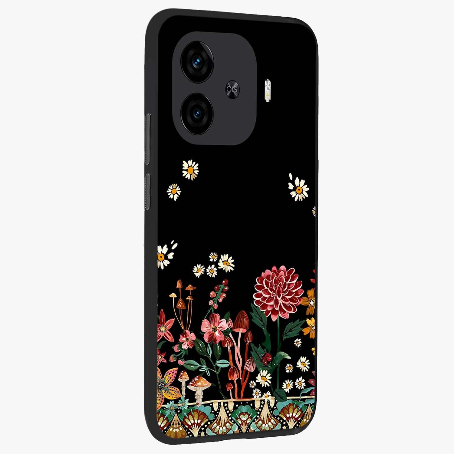 Midnight Bloom Pattern Glass Case upright view showcasing decorative floral artwork with deep night themed palette.