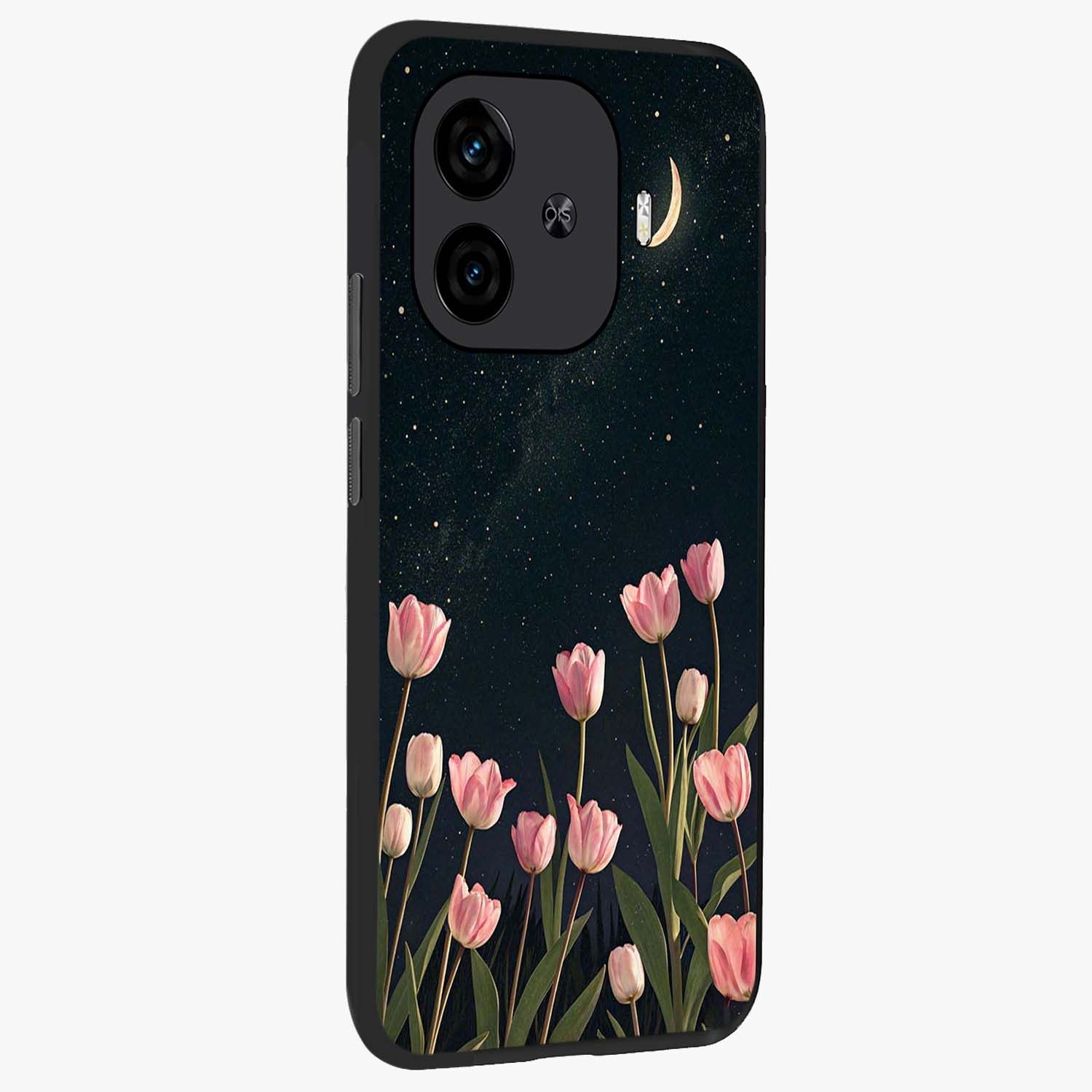 Midnight Tulip Whispers Vibe Glass Case upright view showcasing graceful tulip artwork with calm botanical theme.