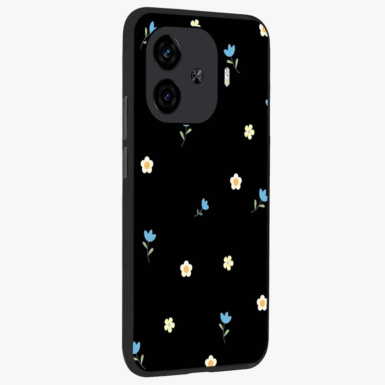 Minimal Petal Whispers Glass Case upright view showcasing elegant floral artwork with modern minimalist style.
