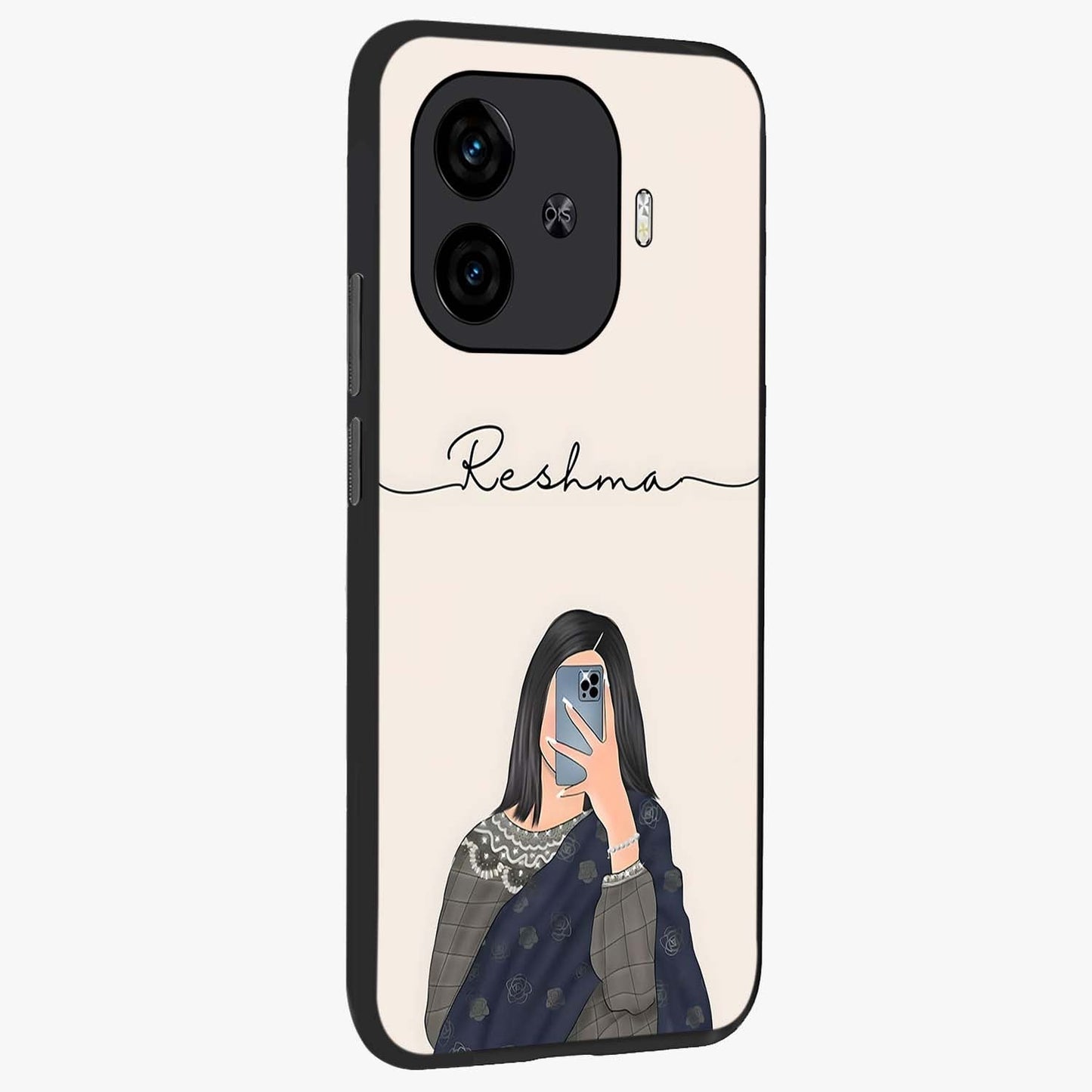 Mirror Mood Muse With Custom Name Glass Case upright view showcasing artistic mirror themed artwork with personalized aesthetic.