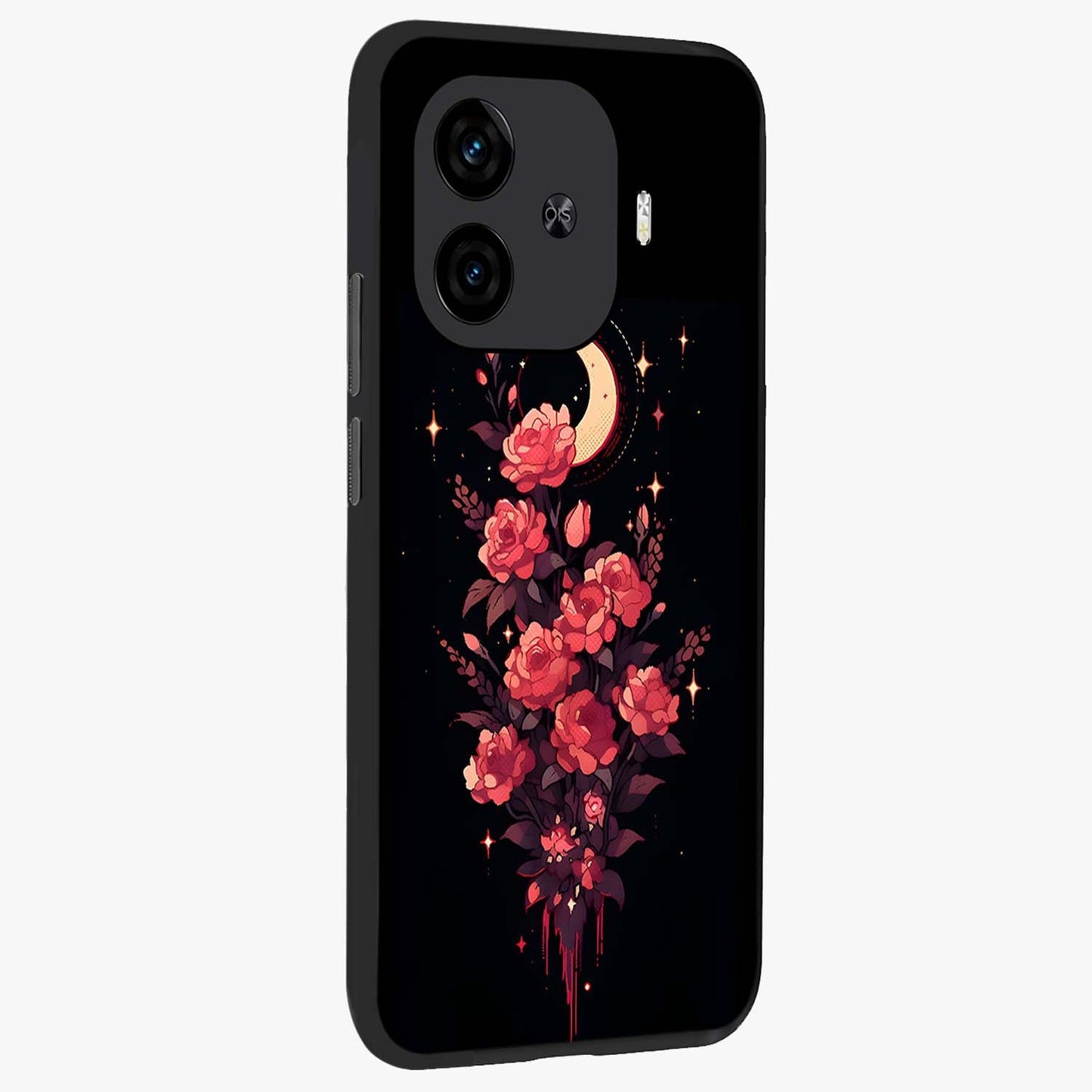 Moonlit Floral Elegance Glass Case upright view showcasing delicate floral artwork with refined night inspired theme.