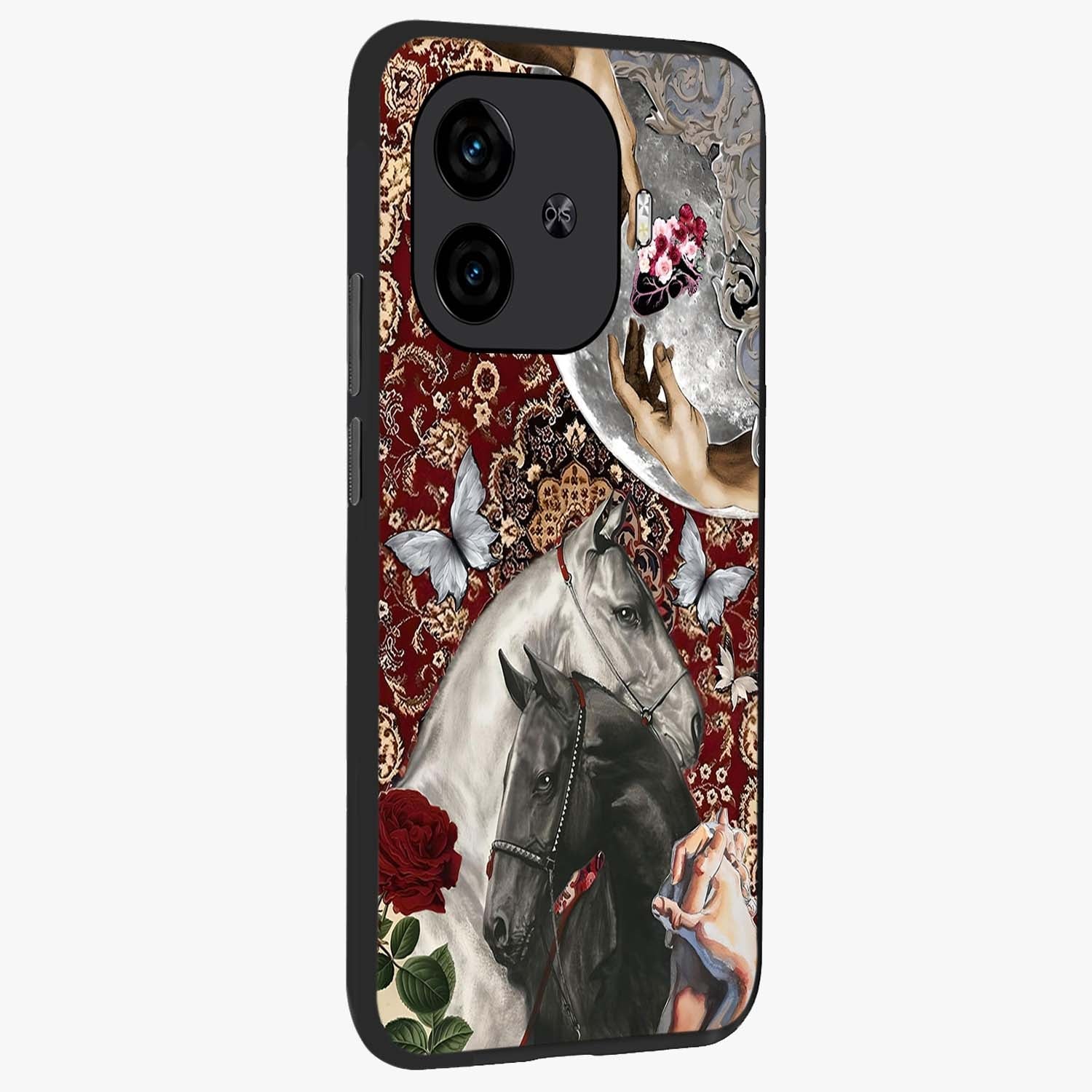 Moonlit Royal Stallion Glass Case upright view showcasing dramatic horse artwork with glowing moon themed design.