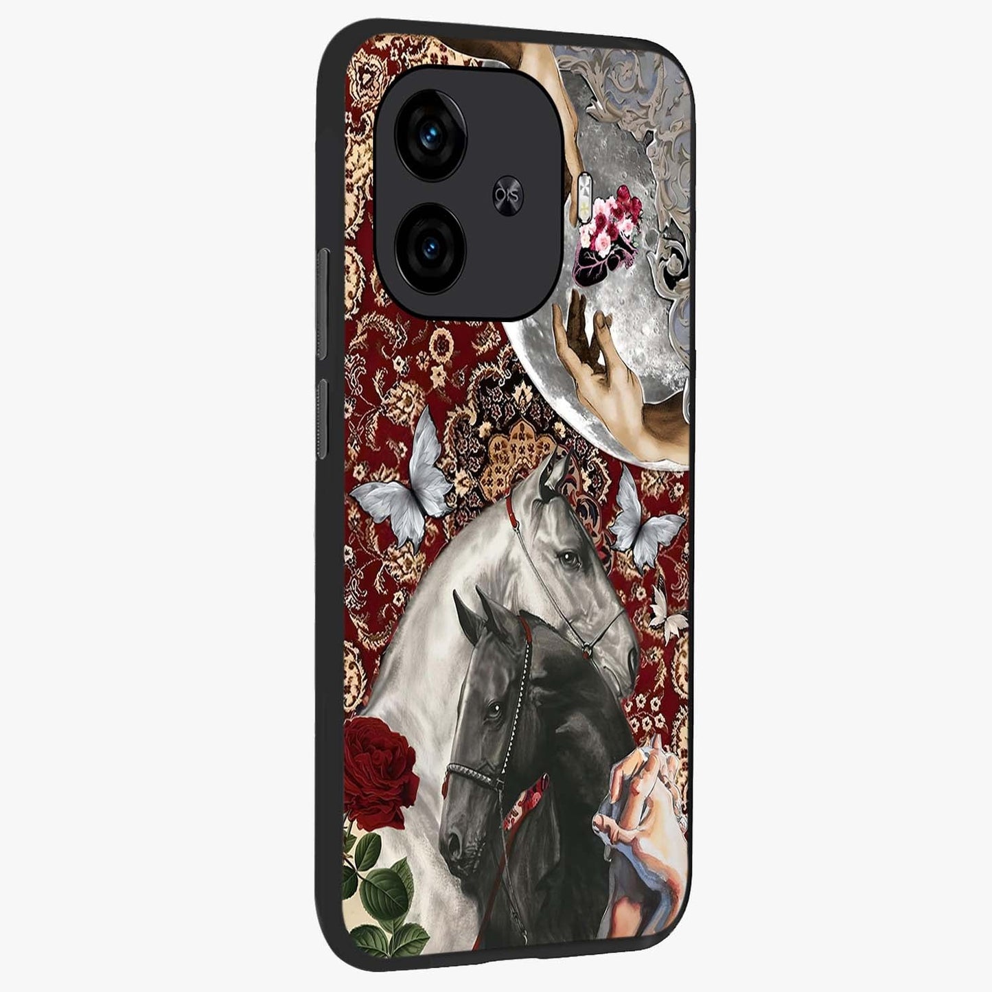 Moonlit Royal Stallion Glass Case upright view showcasing dramatic horse artwork with glowing moon themed design.