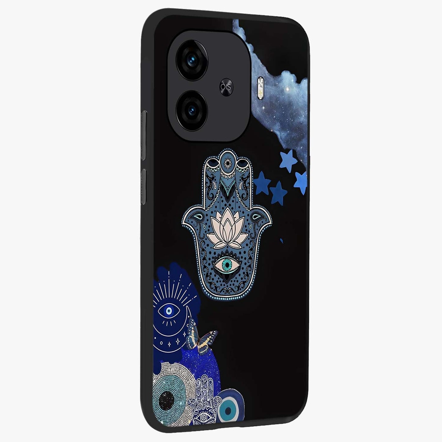 Mystic Hand Aura Glass Case upright view showcasing symbolic hand artwork with mystical energy theme.
