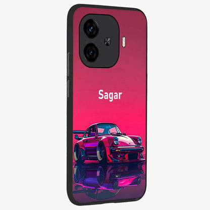 Neon Pink Porsche Glass Case upright view showcasing vibrant sports car artwork with bold automotive theme.
