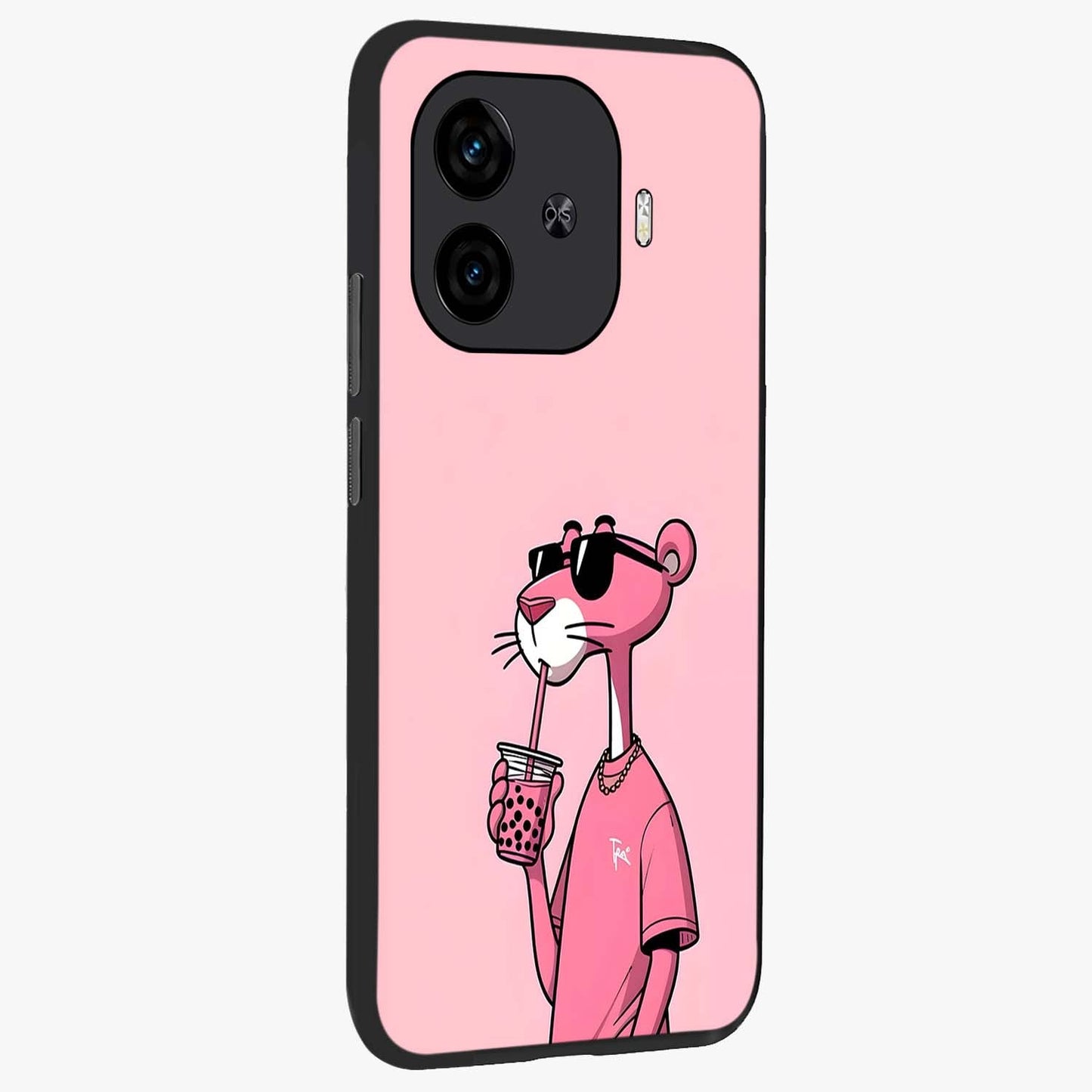 Pink Panther Glass Case upright view showcasing fun animated artwork with stylish retro cartoon theme.