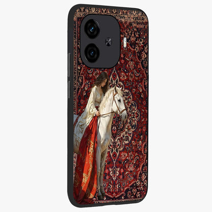 Royal Rider Tapestry Glass Case upright view showcasing detailed rider artwork with classic tapestry theme.