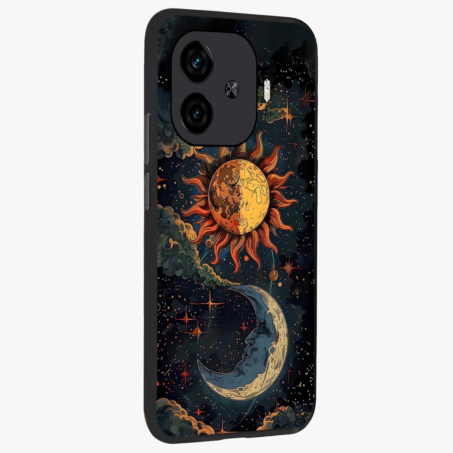 Sun And Moon Magic Design Glass Case upright view showcasing decorative sun and moon artwork with spiritual celestial theme.