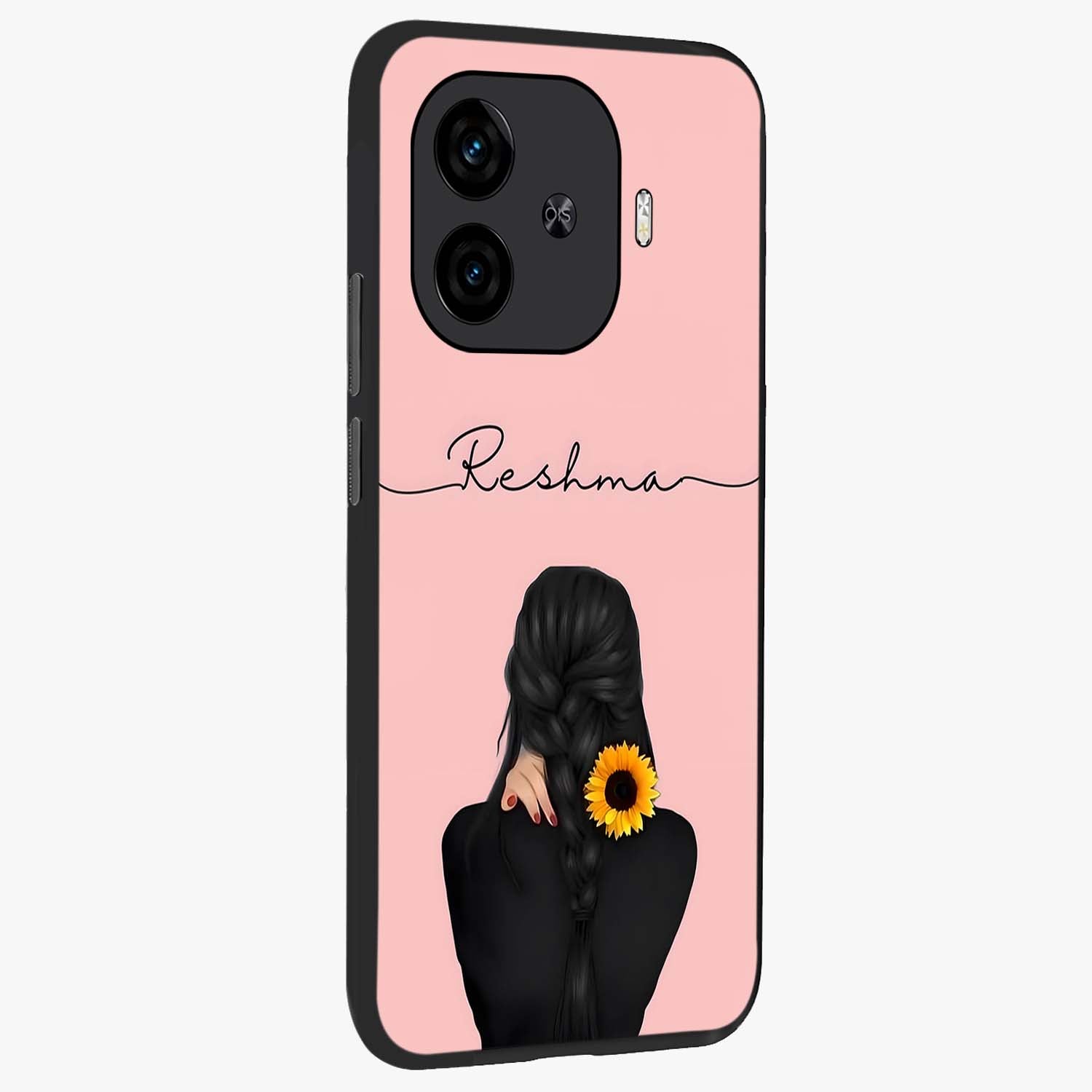 Sunflower Braid Beauty With Custom Name Glass Case upright view showcasing bright sunflower artwork with personalized floral aesthetic.