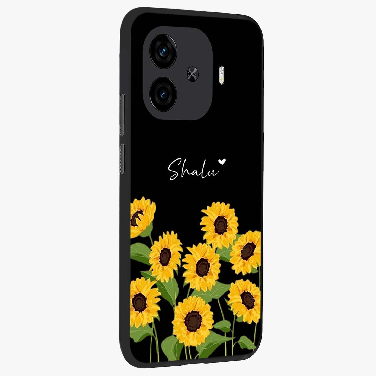 Sunflower Chic Mood Custom Name Glass Case upright view showcasing cheerful sunflower artwork with trendy floral theme.