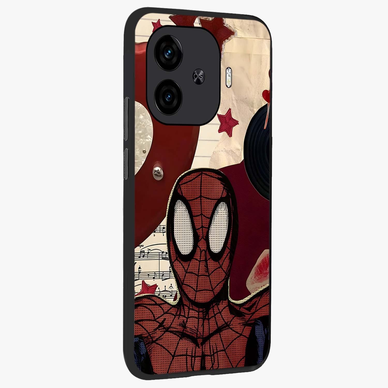 Web Warrior Vibes Glass Case upright view showcasing energetic superhero artwork with bold action theme.