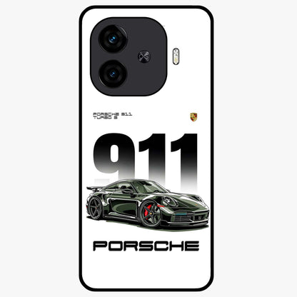 911 Turbo Dominance Glass Case showing clean flat back view with bold 911 sports car artwork and glossy glass finish.