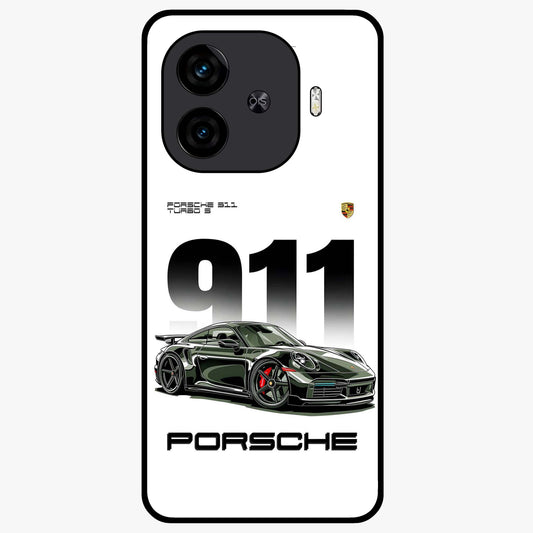 911 Turbo Dominance Glass Case showing clean flat back view with bold 911 sports car artwork and glossy glass finish.