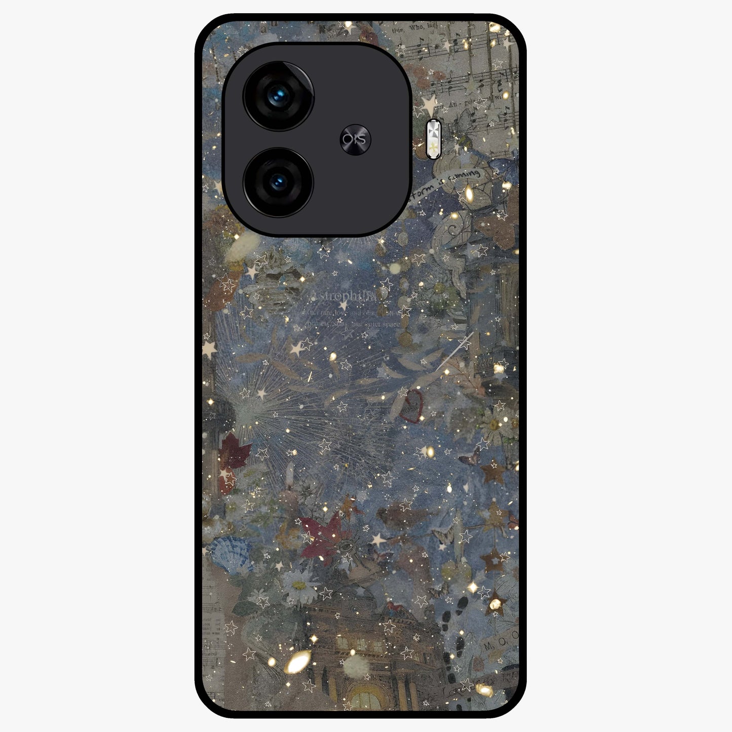 Aesthetic Astrolophia Glass Case showing flat back view with dreamy aesthetic design and glossy glass finish.