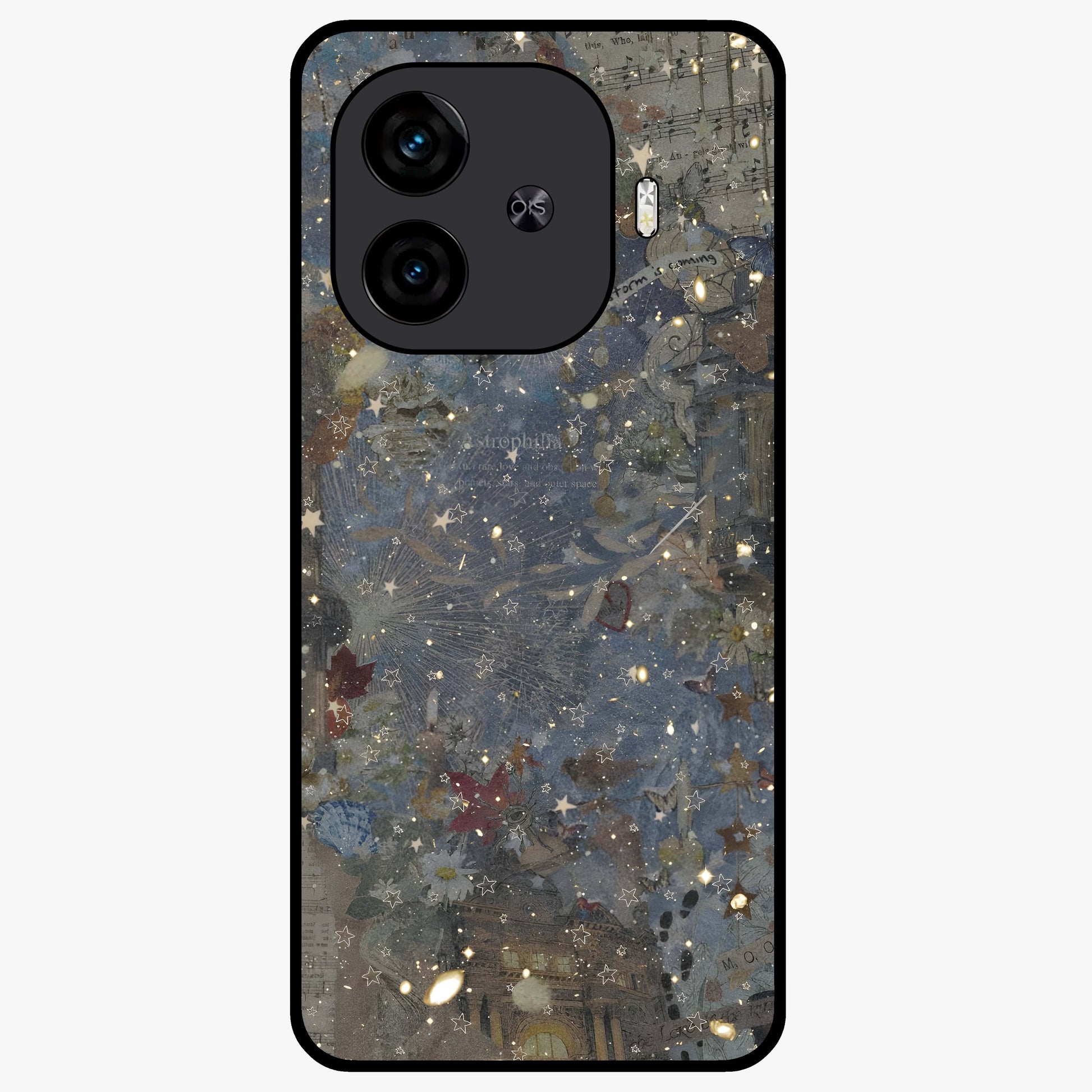 Aesthetic Astrolophia Glass Case showing flat back view with dreamy aesthetic design and glossy glass finish.