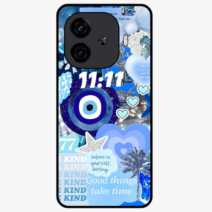 Aesthetic Be Kind Eye Glass Case showing flat back view with motivational eye artwork and glossy glass finish.