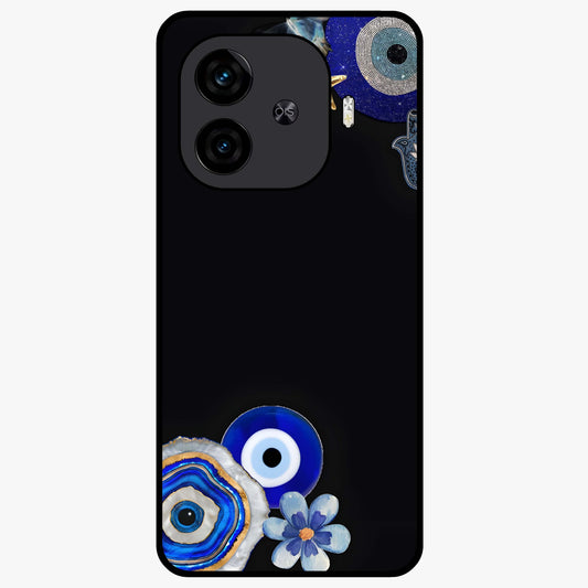 Aesthetic Blue Evil Eye Glass Case showing flat back view with protective evil eye artwork and glossy glass finish.